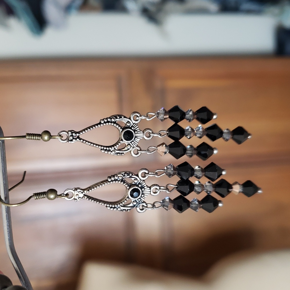 Black Glass Beaded Chandelier Earrings